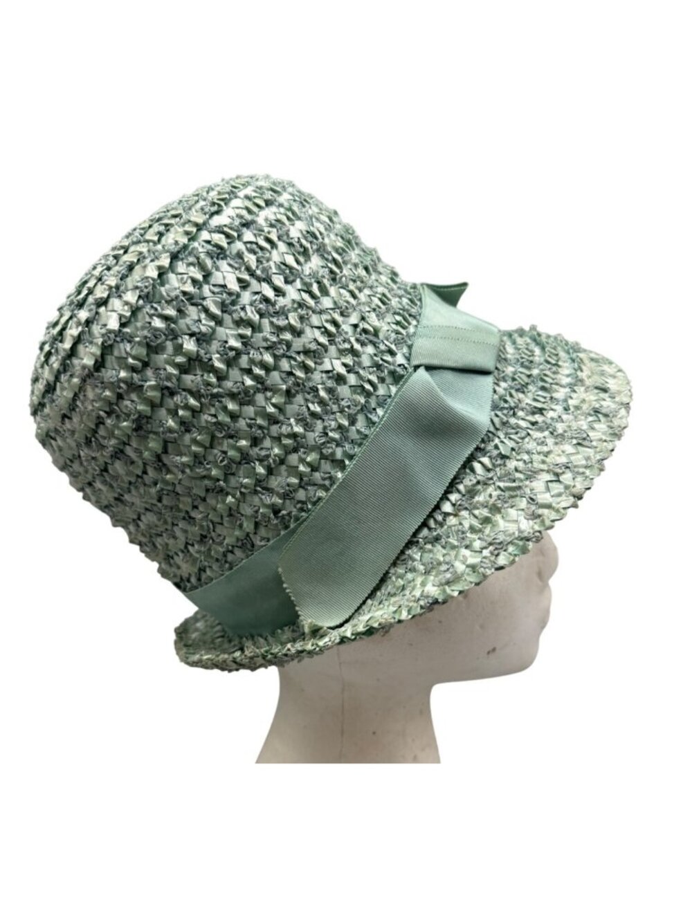 Vintage Mint Green Straw Sun Hat Grosgrain Ribbon & Bow Womens Lightweight READ